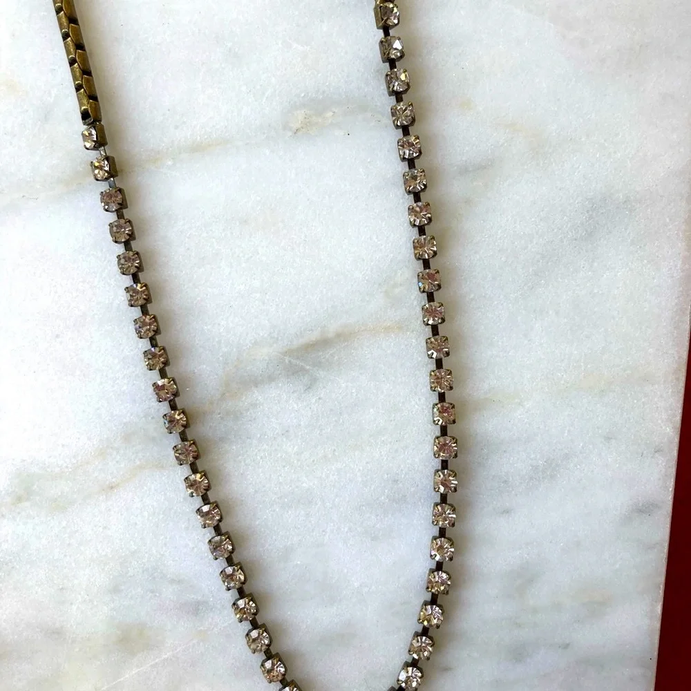 Vintage | J Crew Long Brass Chain Necklace with faux diamond accents